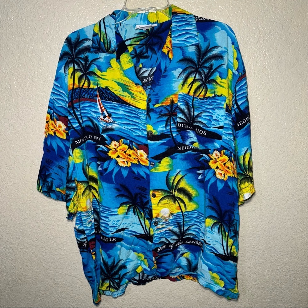 Vintage Jammin Jamaican Tourist Souvenir Shirt XXL Blue Tropical Button-Up Rayon